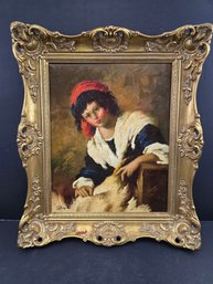 Antique 19th-century Oil Painting Depicts A Young Woman In A Red Scarf In Wood Ornate Frame