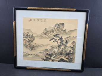 Traditional Chinese Shan Shui Landscape Painting On Silk, Featuring Detailed Mountainous Scenery