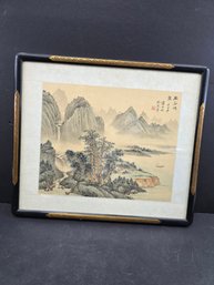 Traditional Chinese Shan Shui Landscape Painting On Silk, Featuring Detailed Mountainous Scenery