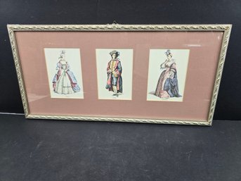 Wood Framed Hand Colored English Victorian Print Featuring Spanish Noble Attires