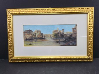 Vintage Oil Painting Featuring A Serene Venetian Canal Scene Housed In An Ornate Gold-colored Frame