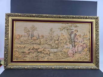 Vintage Framed Tapestry Features A Romantic European Pastoral Scene Housed In An Ornate Gold Frame