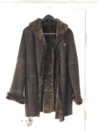 Vintage Brown Suede Shearling-lined Coat Featuring A Shearling Collar, Lapels, And Sleeve Cuffs, Size 8
