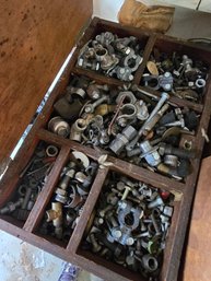 Wooden Compartment Box Filled With An Assorted Collection Of Vintage Metal Hardware