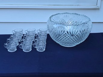 Vintage LE Smith Pineapple Punch Bowl Set Diamond & Fan 9 Cups