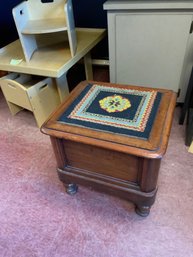Antique Wooden Box Commode With Needlepoint Design On Top