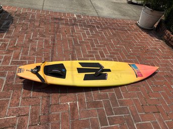 Vintage 'Precision' Sailboard/surfboard Features A Bright Yellow-to-orange Gradient, A Multi-pad Deck Grip Set