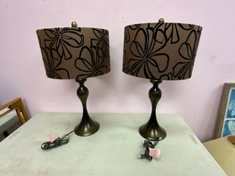 Pair Of Matching Table Lamps With Floral Pattern Shades