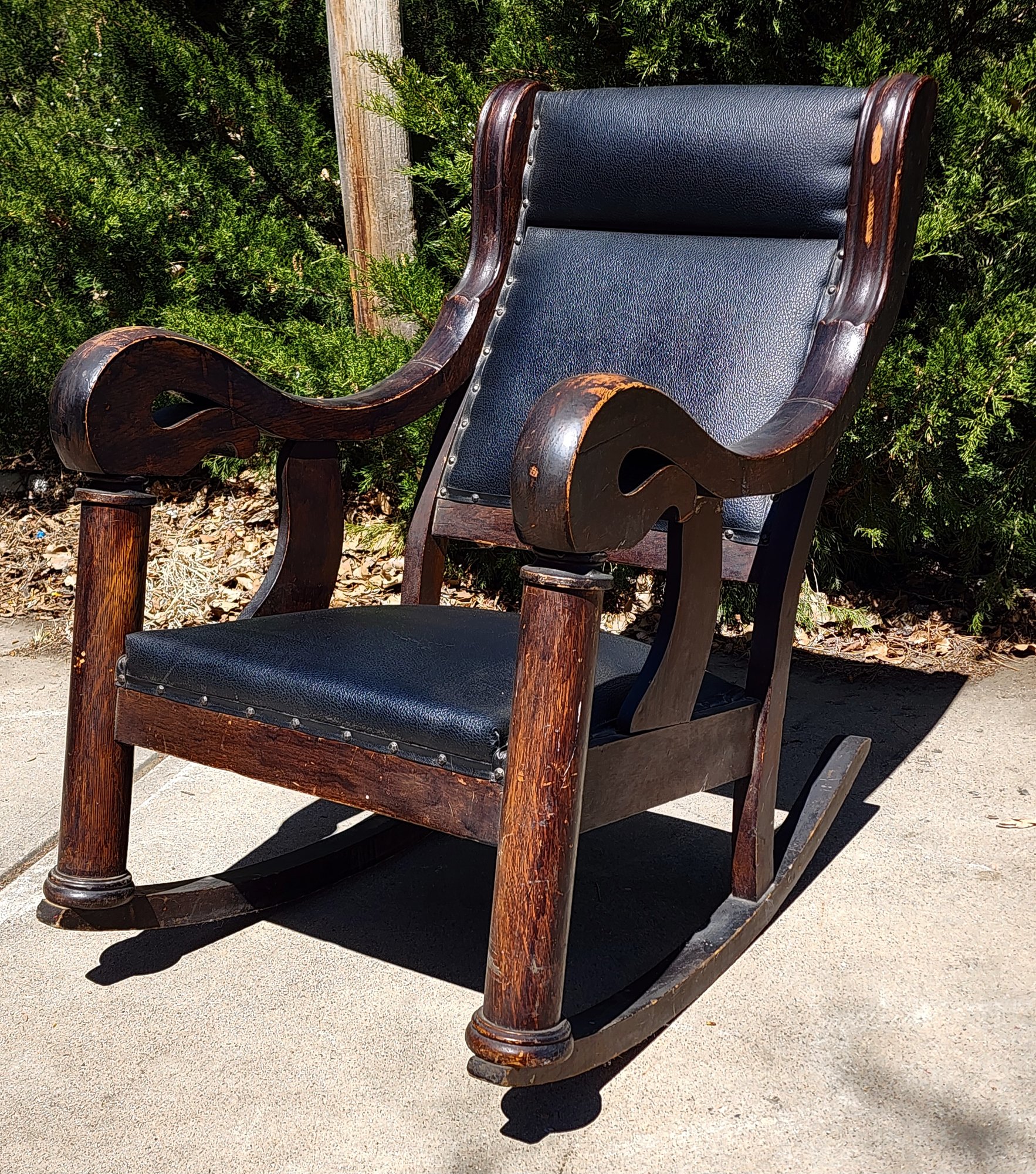 Executive Regal Antique Wood And Leather Rocking Chair Stud Accent ...