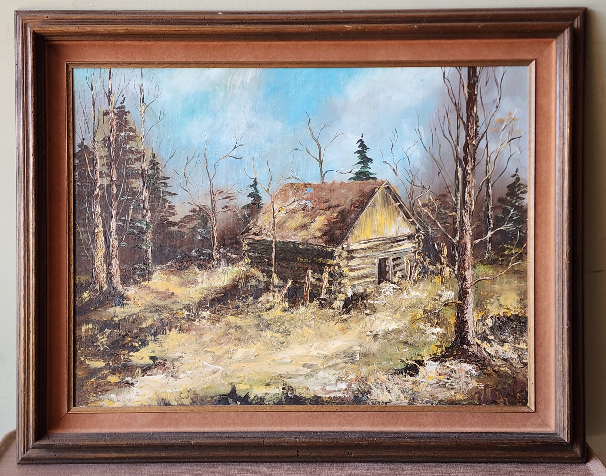 Vintage Framed Fine Art Oil Painting CABIN IN WOODS #27820 ...