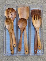 Assortment Of Vintage Wood Kitchen Utensils And MARTHA STEWART Clear Drawer Organizer