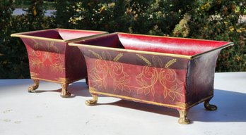 (2) Metal Handpainted MADE IN INDIA Red And Gold Accent Flower Pots