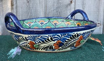 Handcrafted Mexican Talavera Ceramic Serving Bowl With Handles