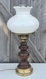 Vintage Wood And Brass Table Lamp With A White Opal Milk Glass Shade