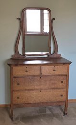Antique Victorian Or Edwardian Quartersawn Tiger Oak Dresser With A Tilting Oval Mirror