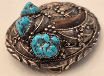 Vintage Native American Sterling Silver Belt Buckle Featuring Turquoise Nuggets Natural Claw And Intricate L