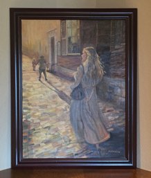 Vintage Folk Art Oil Painting Framed Mid Century Modern Signed