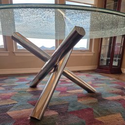Late 20th Century MCM Milo Baughman-Inspired Chrome Jax Table With 5-Foot Crackled Glass Top