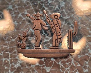 Sterling Silver Brooch Depicting Two Figures In Sombreros Next To Cacti