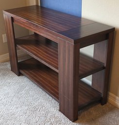 Brown Wood Console Table Features A Two-tiered Open Design With Thick, Straight Legs
