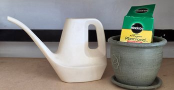 Vintage Rubber Made Watering Can And Ceramic Planter With Miracle Grow Food