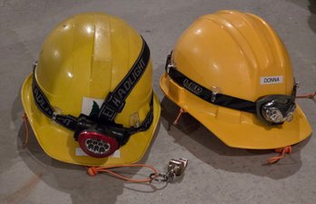 Industrial Yellow Hard Hats Equipped With Mounted LED Headlamps