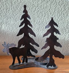 Rustic Metal Candle Holder Featuring Silhouettes Of A Moose And Pine Trees