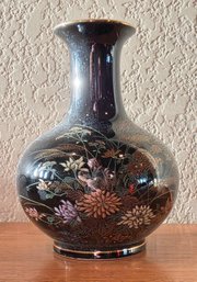 Vintage Japanese Porcelain Vase Featuring A Black Glossy Finish With Gold Accents, Dragonflies