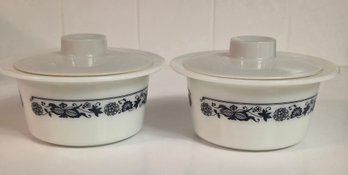 Vintage Pyrex Round Margarine Dishes, Also Known As Butter Tubs, Featuring The 'Old Town Blue' Pattern