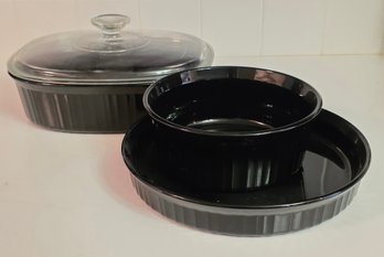 Vintage Corning Ware Classic Black (also Known As French Black) Ribbed Casserole Dishes With Clear Glass Lids