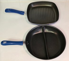 Blue Enamel Cast Iron Grill And Divided Skillet Pans.