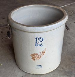 Vintage Red Wing 12-gallon Stoneware Crock Featuring The Iconic Cobalt Blue Wing Logo And Wood Bail Handles