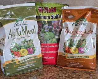 Espoma Organic Alfalfa Meal, Hi-Yield Aluminum Sulfate, And Espoma Organic Rock Phosphate Soil Amendment Trio