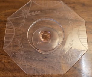 Vintage Pink Glass Etched Floral Cake Stand