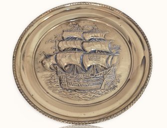 #SR86 Vintage Embossed Brass Sailing Ship Hanging Wall Plate