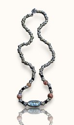 #J3 Abalone Shell And Agate Beaded Cord Necklace