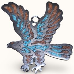 #J8 Native American Style Silver Eagle Pendant With Turquoise And Coral Chip Inlay