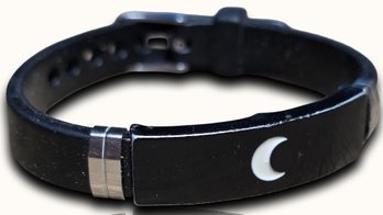 #J13 Black Rubber Bracelet With Silver Accents And Crescent Moon ID Plate