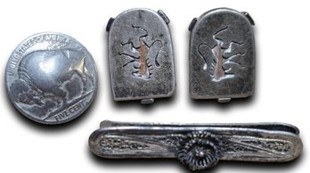 #J22 Vintage Sterling Silver Cufflinks And Filigree Tie Clip Set With Buffalo Nickel