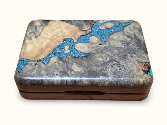 #J36 Wooden Fly Fishing Box With Turquoise Inlay FILLED With Lures