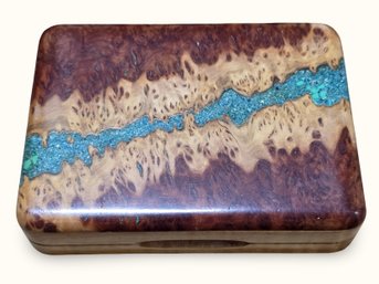 #J38 Burl Wood Fly Fishing Box With Turquoise Inlay FILLED With Lures