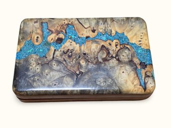 #J39 Swirling Wood Burl Fly Fishing Box With Turquoise Inlay FILLED With Lures