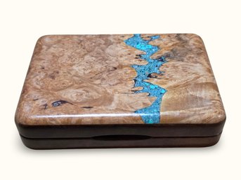 #J41 Handmade Burl Wood And Turquoise Inlay Trinket Box FILLED With Lures