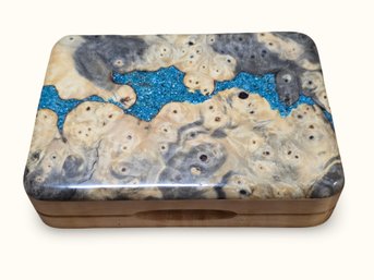 #J42 Handmade Burl Wood And Blue Resin Trinket Box FILLED With Lures