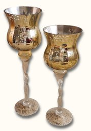 US6 Gold Mercury Glass Hurricane Candle Holder Pedestals Set Of Two