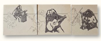 R1023 Vintage Rock Band Musicians Ink Drawing Triptych Sketch