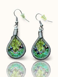 #BR11 Green Wire Wrapped Teardrop And Silver Filigree Leaf Earrings Lot