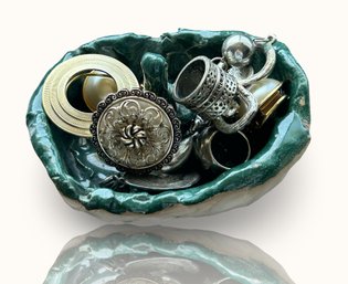 #BR17 Vintage Fashion Jewelry Lot With Handmade Ceramic Ring Dish