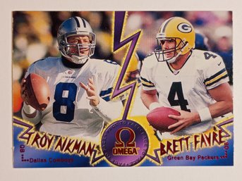 1998 Pacific Omega Face To Face Troy Aikman / Brett Favre Football Card Cowboys / Packers