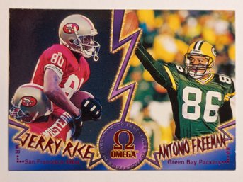 1998 Pacific Omega Face To Face Jerry Rice / Antonio Freeman Football Card 49ers / Packers